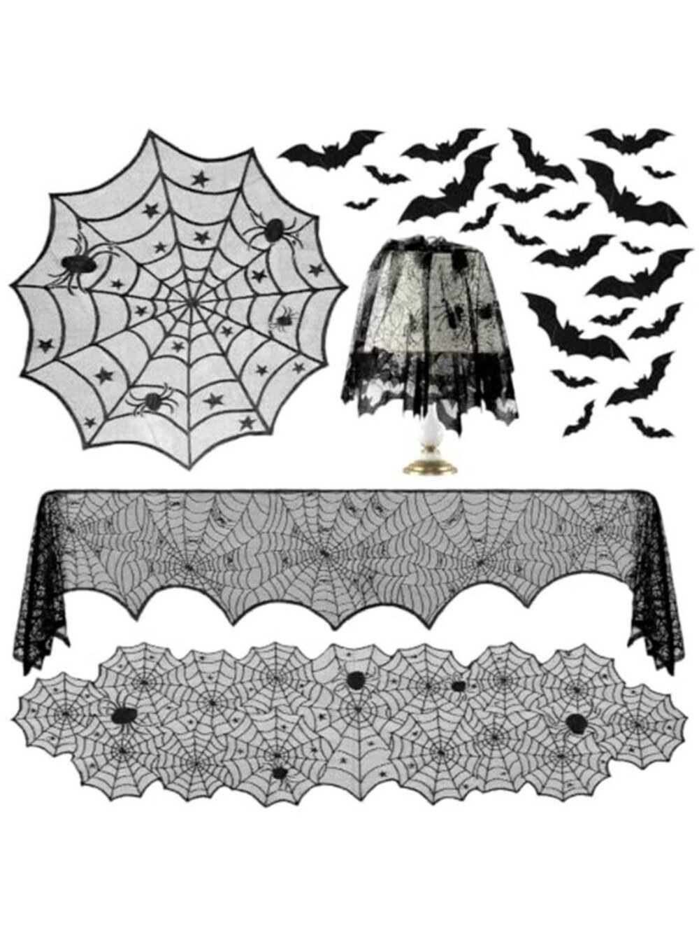 36 Pack Halloween Decorations Set, Black Lace Spiderweb Round Tablecloth,